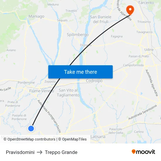 Pravisdomini to Treppo Grande map