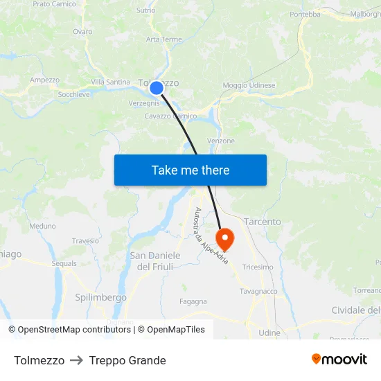 Tolmezzo to Treppo Grande map