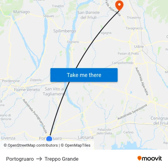 Portogruaro to Treppo Grande map