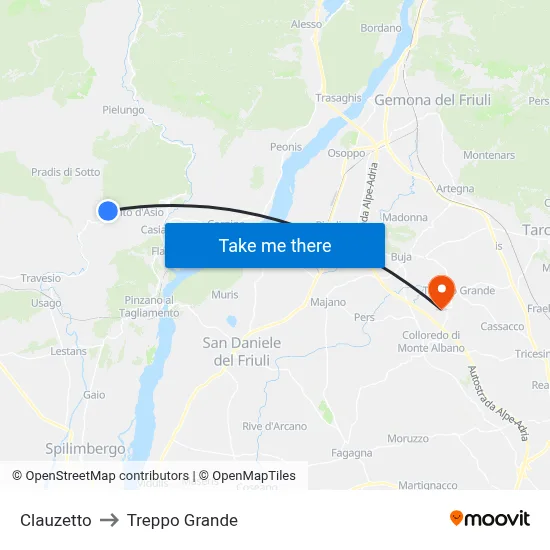 Clauzetto to Treppo Grande map
