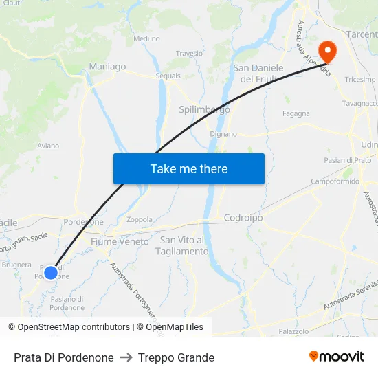 Prata di Pordenone to Treppo Grande map