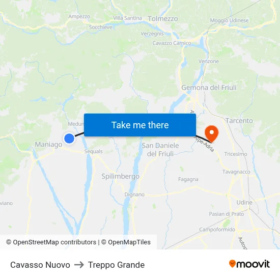 Cavasso Nuovo to Treppo Grande map