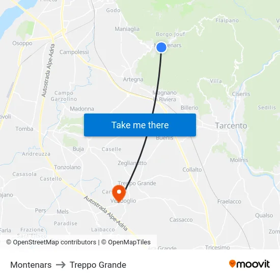 Montenars to Treppo Grande map