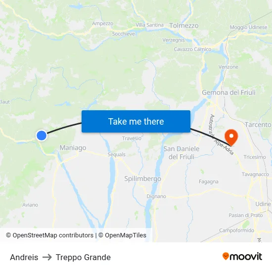 Andreis to Treppo Grande map
