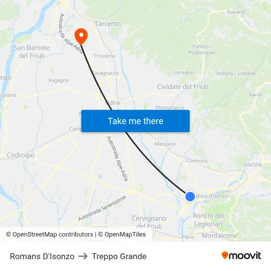 Romans d'Isonzo to Treppo Grande map