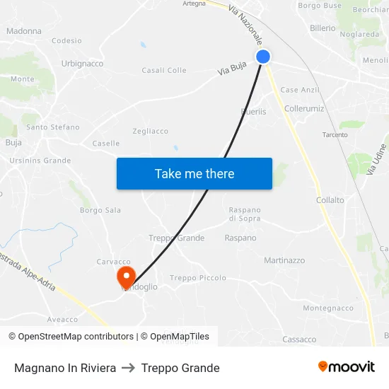 Magnano In Riviera to Treppo Grande map