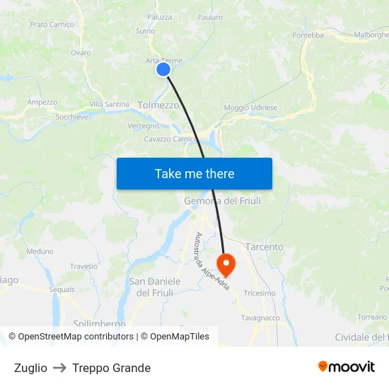 Zuglio to Treppo Grande map