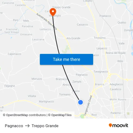 Pagnacco to Treppo Grande map