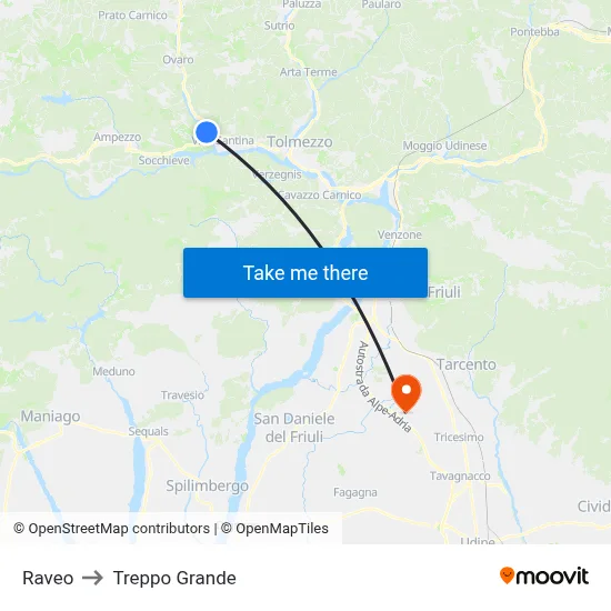 Raveo to Treppo Grande map