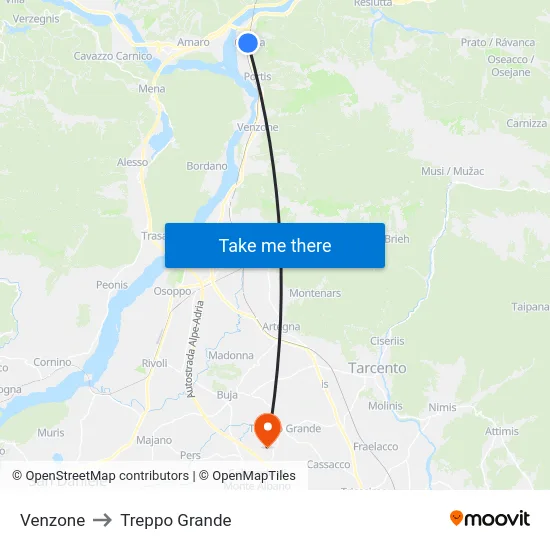 Venzone to Treppo Grande map