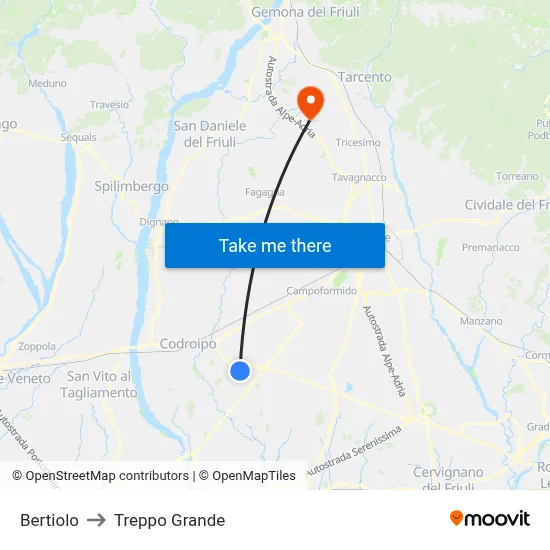 Bertiolo to Treppo Grande map