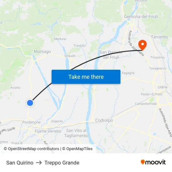 San Quirino to Treppo Grande map
