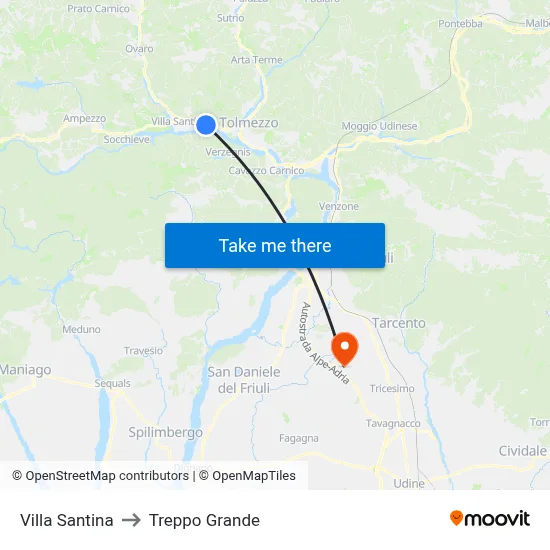 Villa Santina to Treppo Grande map