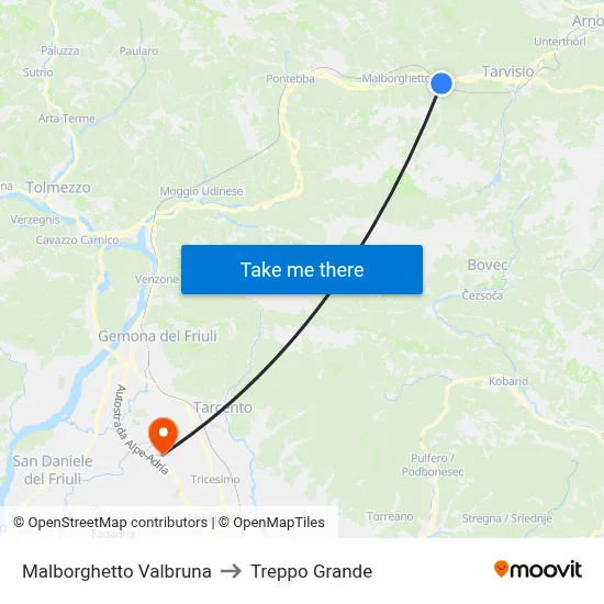 Malborghetto Valbruna to Treppo Grande map