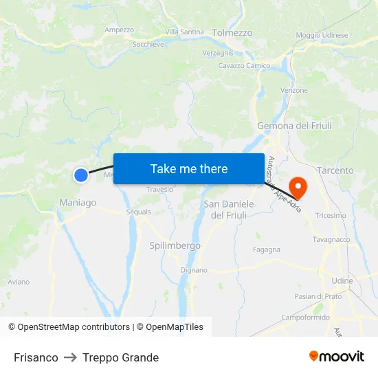 Frisanco to Treppo Grande map