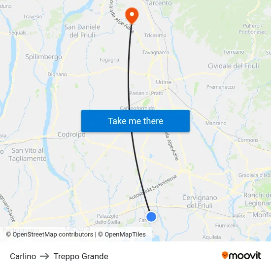 Carlino to Treppo Grande map
