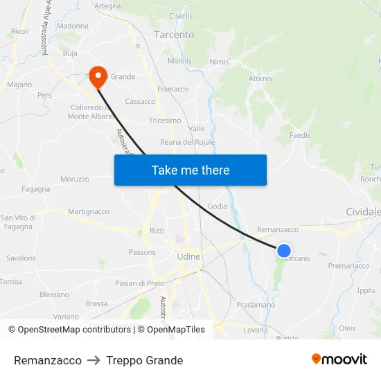 Remanzacco to Treppo Grande map