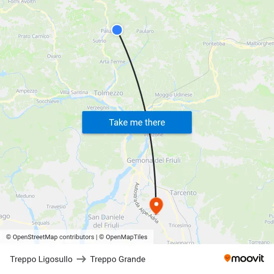 Treppo Ligosullo to Treppo Grande map