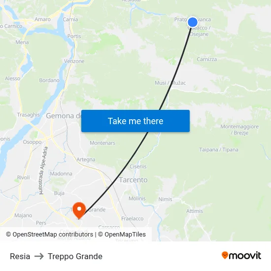Resia to Treppo Grande map