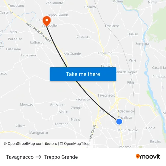 Tavagnacco to Treppo Grande map