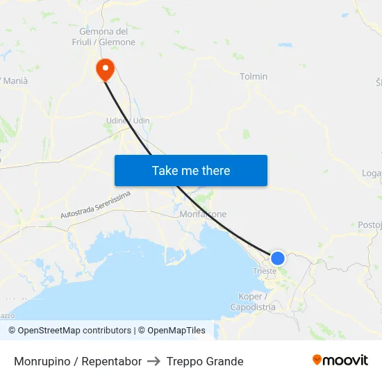 Monrupino / Repentabor to Treppo Grande map
