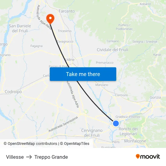 Villesse to Treppo Grande map