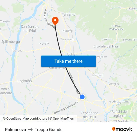 Palmanova to Treppo Grande map