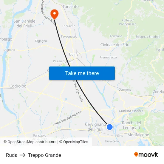 Ruda to Treppo Grande map