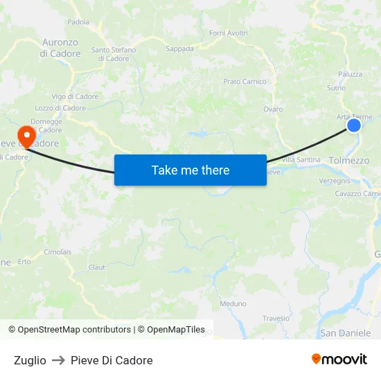 Zuglio to Pieve di Cadore map