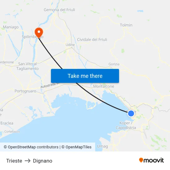 Trieste to Dignano map