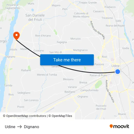 Udine to Dignano map