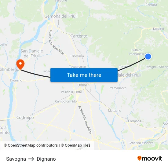 Savogna to Dignano map