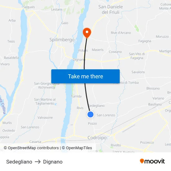 Sedegliano to Dignano map