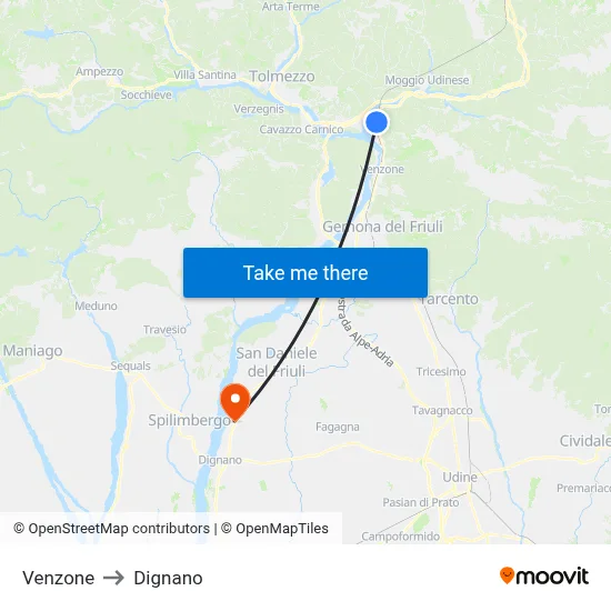 Venzone to Dignano map