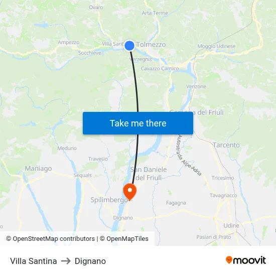 Villa Santina to Dignano map