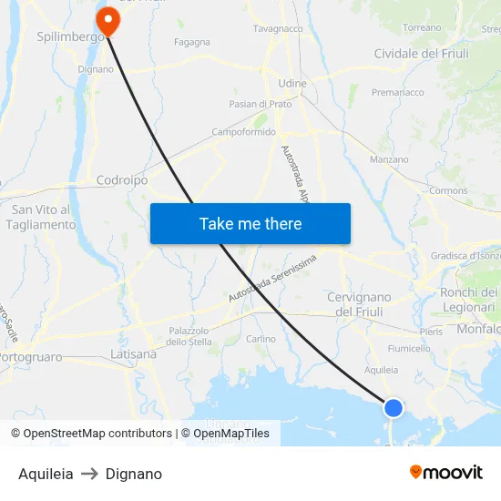 Aquileia to Dignano map