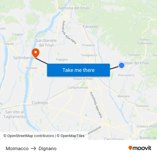 Moimacco to Dignano map