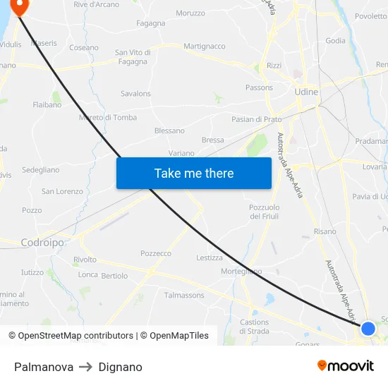 Palmanova to Dignano map