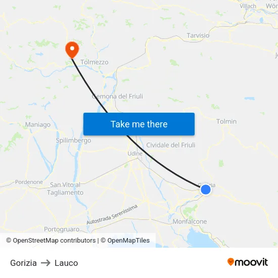 Gorizia to Lauco map