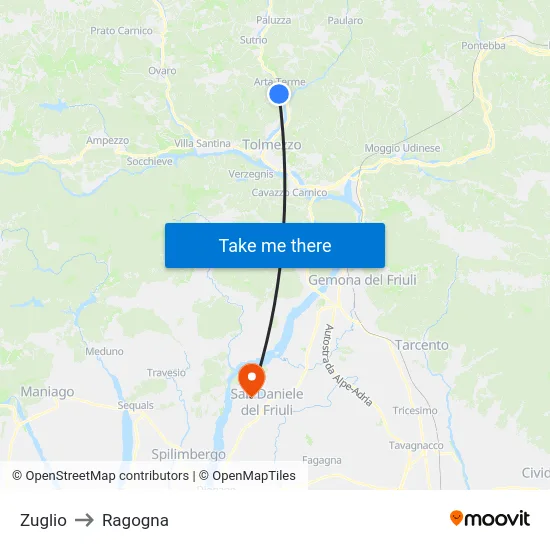 Zuglio to Ragogna map