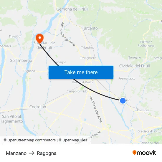 Manzano to Ragogna map