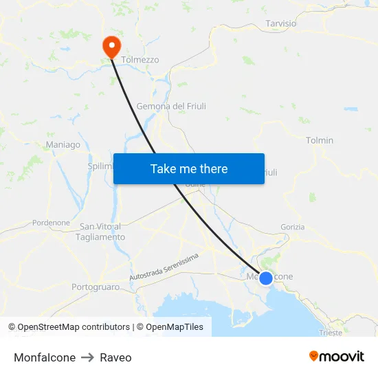 Monfalcone to Raveo map
