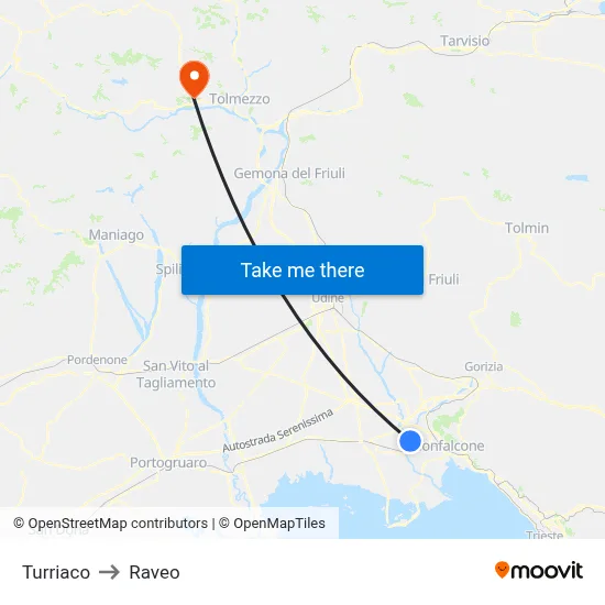 Turriaco to Raveo map