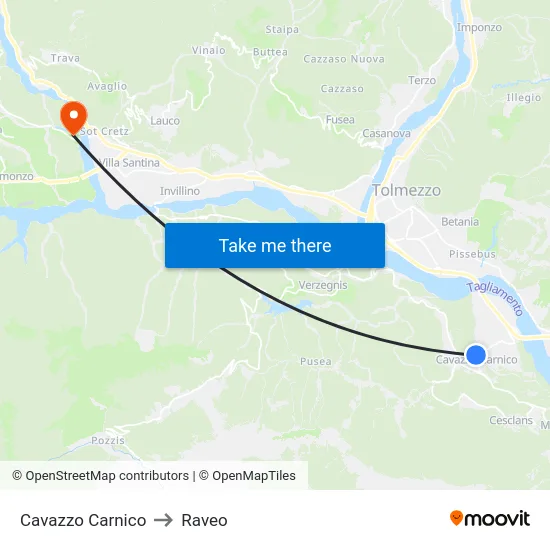 Cavazzo Carnico to Raveo map