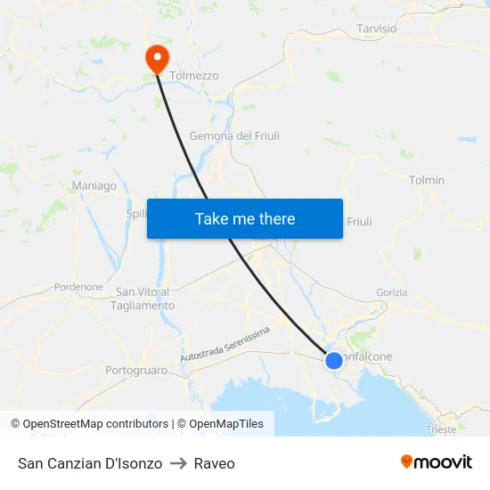 San Canzian D'Isonzo to Raveo map