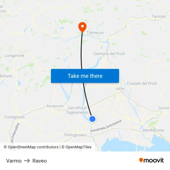 Varmo to Raveo map