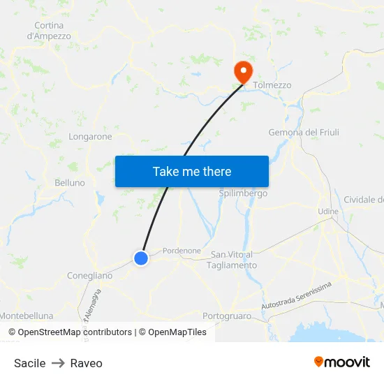 Sacile to Raveo map