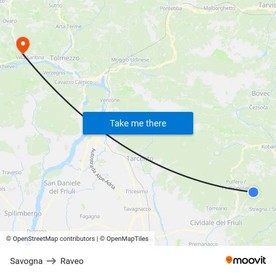 Savogna to Raveo map