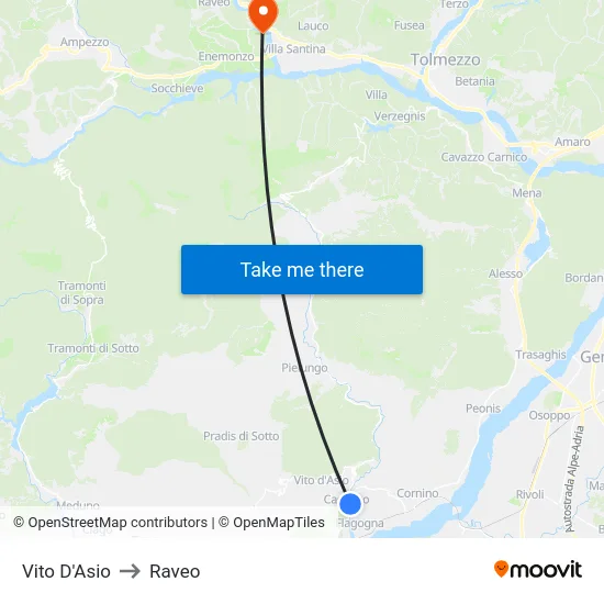 Vito D'Asio to Raveo map