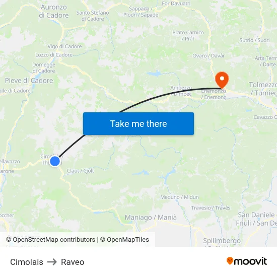Cimolais to Raveo map